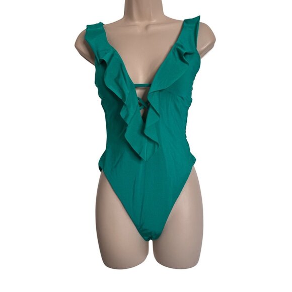 Becca One Piece Size Medium Removable Padded Swimsuit Green NWT Ruffle V- Neck - Picture 1 of 8